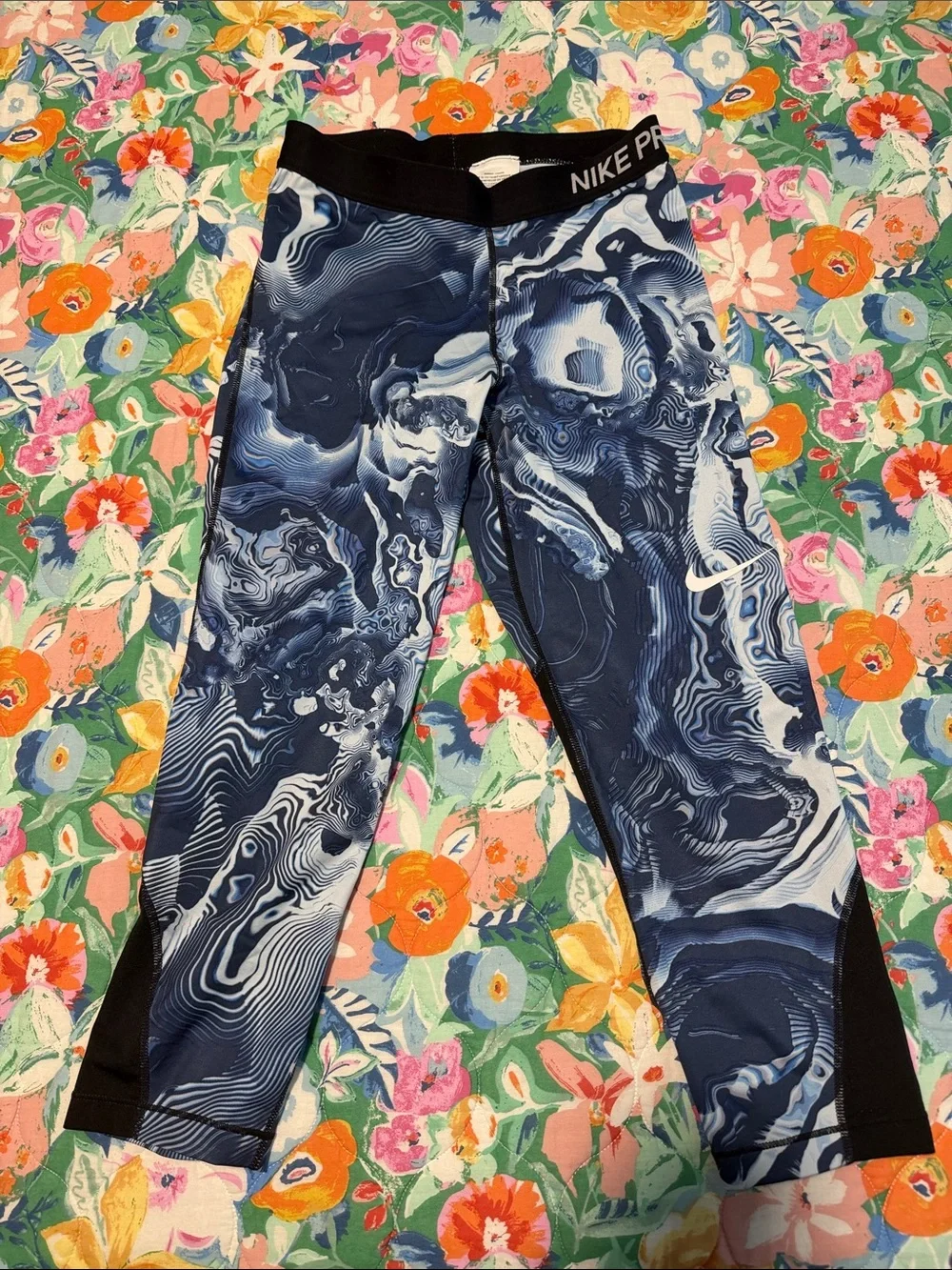 Nike Navy and White Marble Print Compression Track Pants